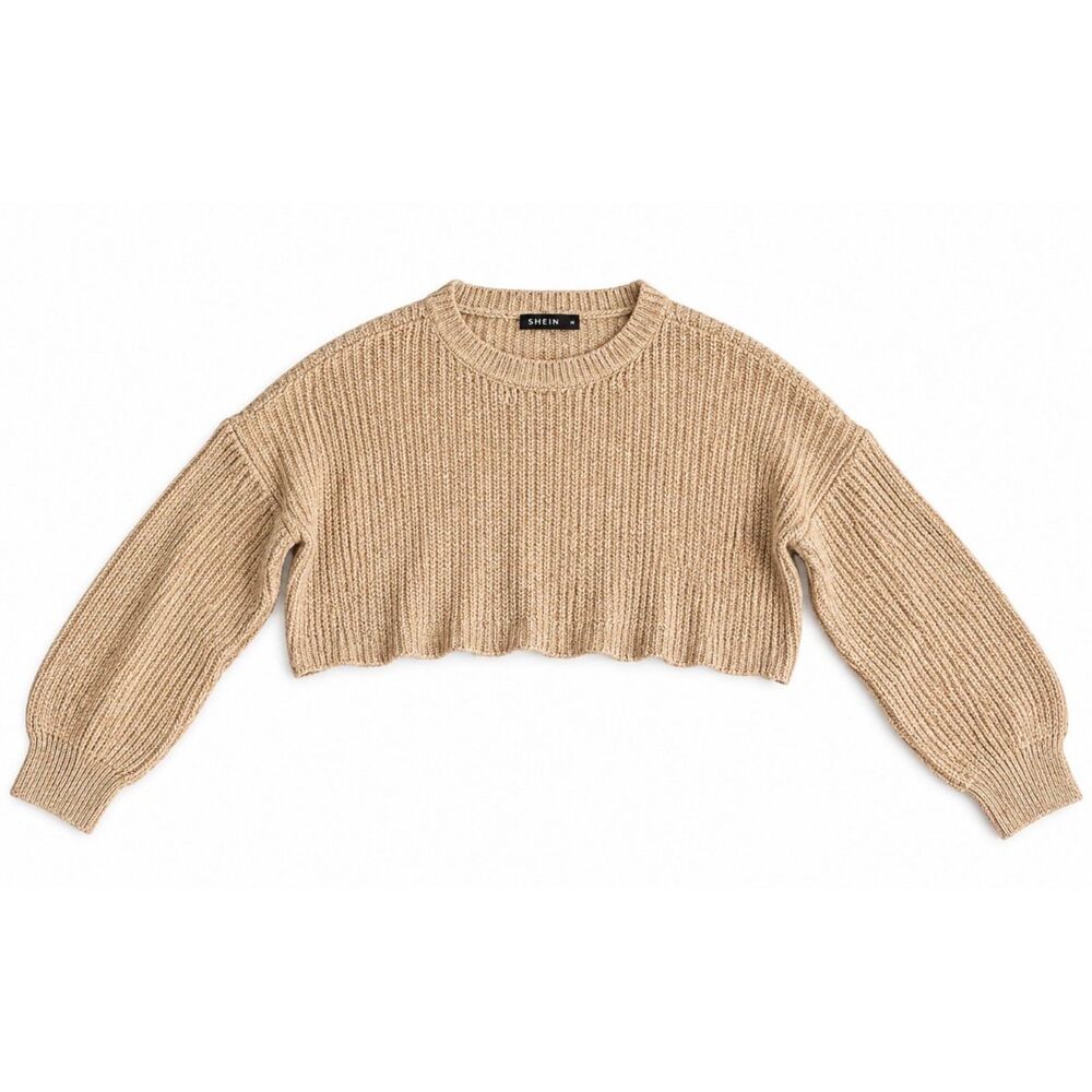 PrettyLittleThing Beige Cropped Chunky Knit Sweater Balloon Sleeve Size M